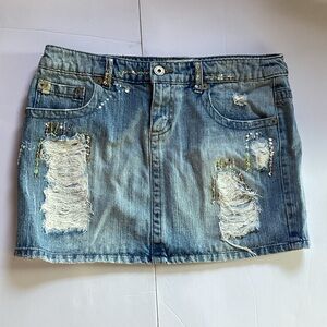 Z. Cavaricci Light Wash Denim Skirt With Distressed And Glitter Details.